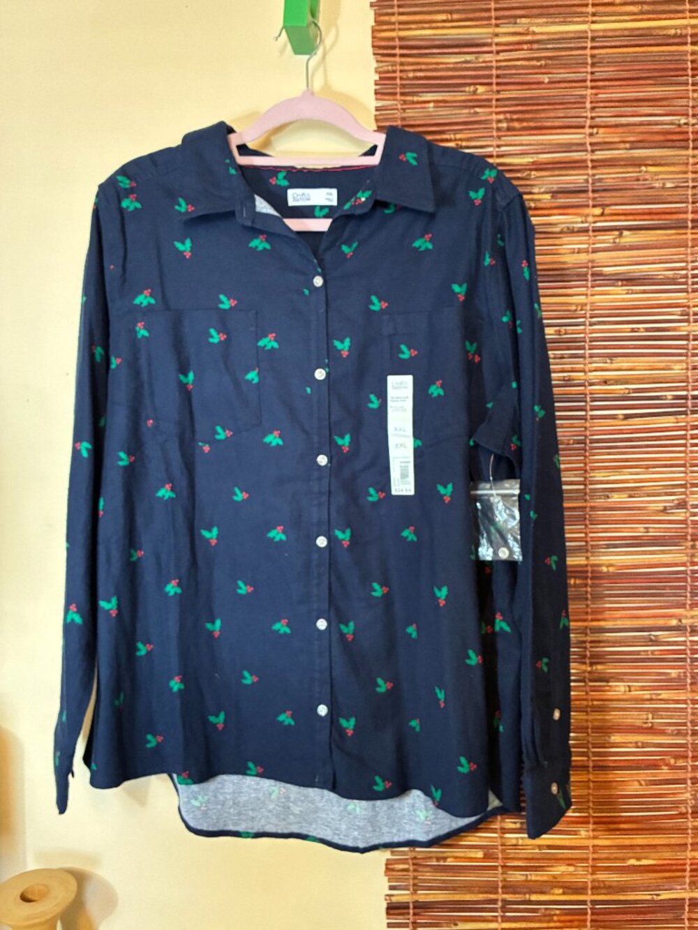 NWT Croft & Barrow Holiday Holly Berry Flannel Top XXL Navy Christmas Fest-core